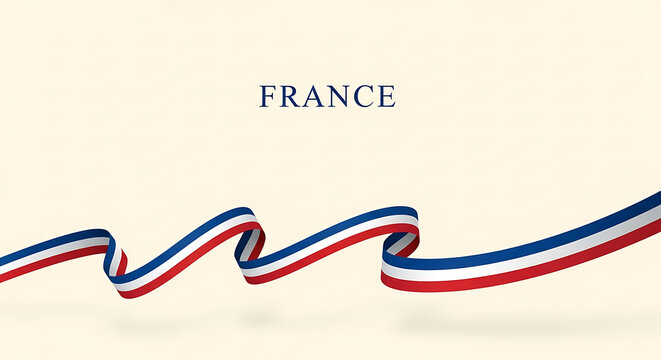 Elegant french tricolor ribbon waving gracefully against a soft cream background