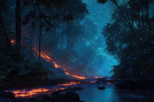 Surreal river flowing through a rainforest illuminated by glowing lava in a vivid, dream-like night scene