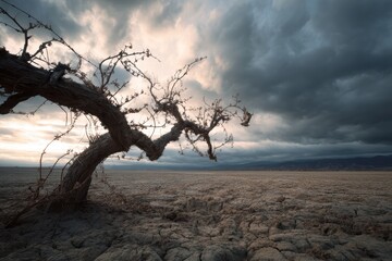 Climbing a dead tree in a lifeless desert landscape under dark clouds before an approaching storm at dusk