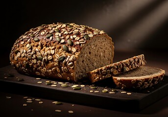 Freshly baked multigrain bread loaf with seeds and sliced pieces on board