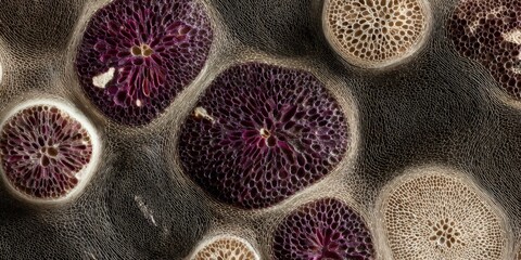 Microscopic-style composition featuring dense circular structures connected by organic filaments.