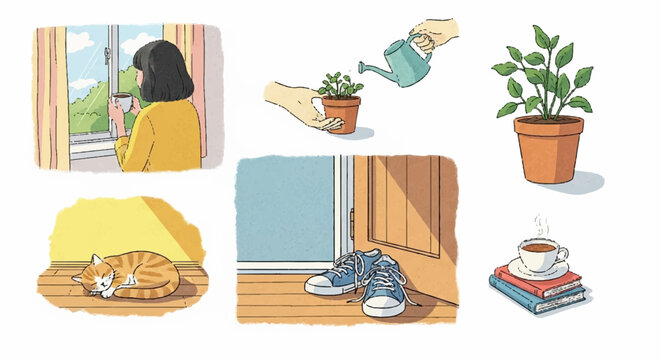 A heartwarming collection of illustrations capturing the simple joys and comforting routines of daily life and relaxation within a cozy home environment