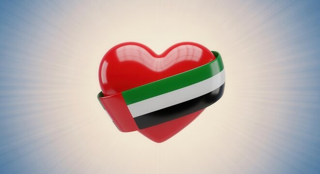 United Arab Emirates flag on a 3D heart symbol. Patriotic illustration for UAE National Day on a radiant background
