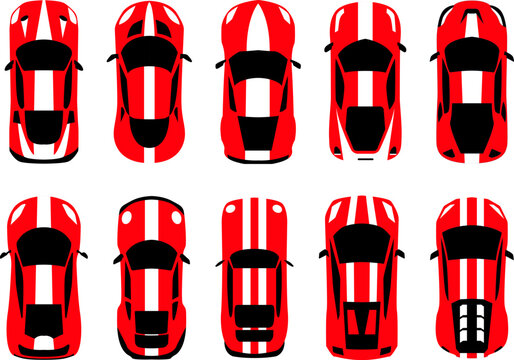 Fototapeta Set race car top view. Racing car set for 2D games. A collection of colorful vector race cars from overhead view, perfect for game or mobile app. Set of race street car, for game design