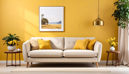 Fototapeta premium Bright yellow living room cozy sofa modern home decor warm atmosphere interior design concept