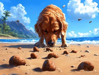 Dog digging on a sunny beach coastal scene digital art vibrant environment close-up perspective