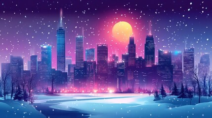 Cityscape at night, snowy winter, illuminated buildings, tranquil scene, suitable for posters or holiday cards