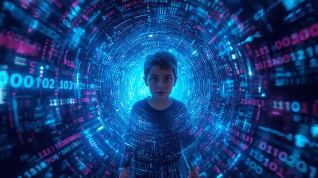 Boy walking in virtual reality data tunnel - Powered by Adobe