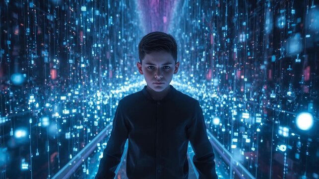 Futuristic digital world with boy and holographic data
