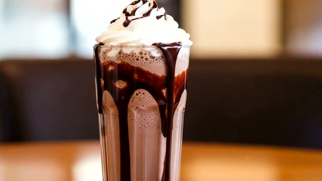 A delicious chocolate milkshake topped with whipped cream and chocolate drizzle in a caf&eacute; setting