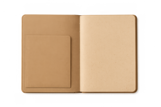 Kraft paper notebook lying open, displaying blank pages and a pocket, ready for creative content or journaling. Transparent background