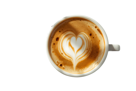 Top view of a latte with heart art isolated on transparent background