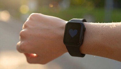 Fitness Smartwatch with Heart Icon Outdoors at Sunset