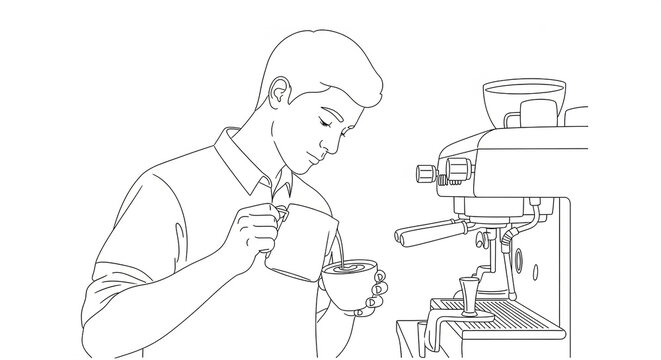 A line drawing of a male barista carefully pouring steamed milk from a pitcher into a cup to create latte art next to an espresso machine.