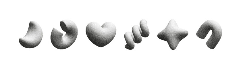 3D figures with different shapes and textures are displayed in a linear arrangement. Each figure has a distinctive form, showcasing interesting noise patterns in grayscale.