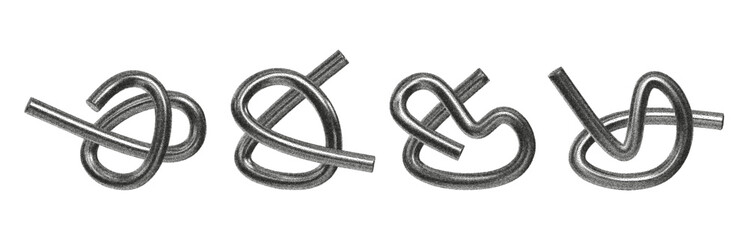 Set of 3D sinuous curves. An abstract shape with a noise and roughness effect made of liquid chrome, a Y2K-style metal puzzle.