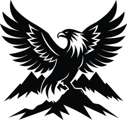 Obraz premium Black Eagle Silhouette with Wings Spread Over Mountains