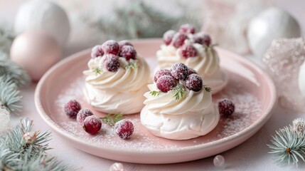 Mini pavlova meringue desserts with sugared cranberries and whipped cream on pink plate