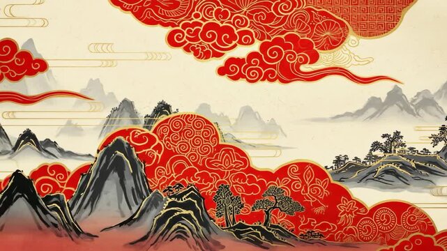 Chinese style mountains, waters, auspicious clouds background