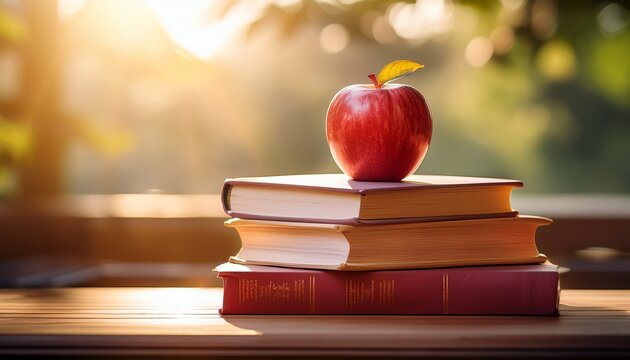 red apple placed on top of stacked hardcover books in bright natural sunlight symbolizing back to school education knowledge healthy habits teaching reading