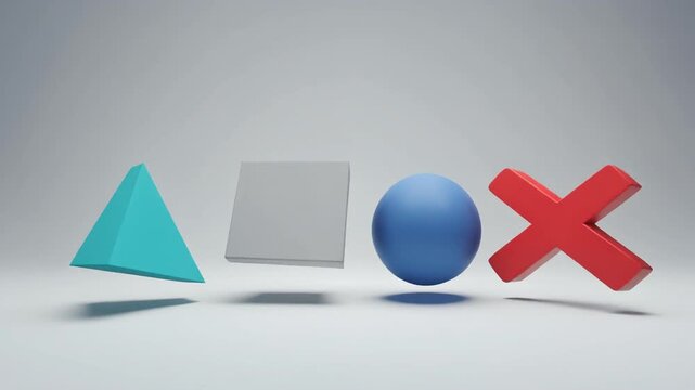 An abstract cinematic 3D rendering of iconic geometric video game controller symbols arranged in a row on a minimalist background