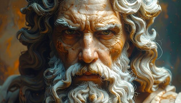 Marble bust of an imposing man with aged skin, green eyes and long, curly hair and beard in golden hues
