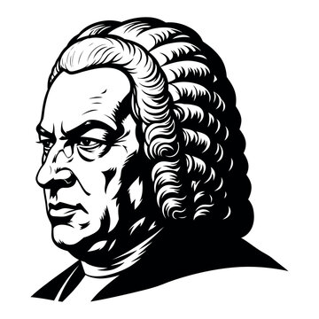 Black and white graphic illustration of johann sebastian bach s profile isolated on white background