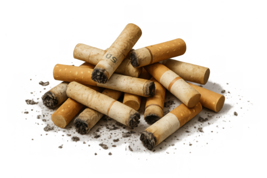 Pile of used cigarette butts and ash representing smoking addiction, unhealthy lifestyle, and environmental pollution concept - Powered by Adobe