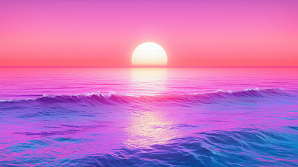 Sea waves at dawn concept poster. Sea surface at sunset concept background. Surreal seascape. Pink, lilac, purple colors. Digital photo illustration.