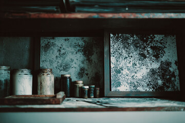 Old rustic shelf with glass jars and weathered textures, vintage workshop setting, moody lighting, artistic still life composition.