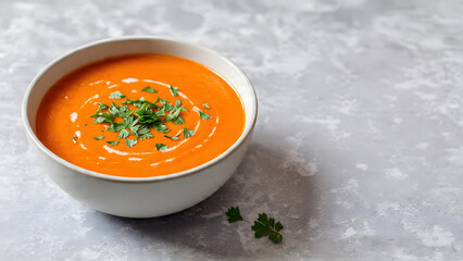 A bowl of creamy tomato soup garnished with fresh parsley, served alongside stacked grilled cheese sandwiches on a light gray surface. Two metal spoons rest nearby on a folded napkin