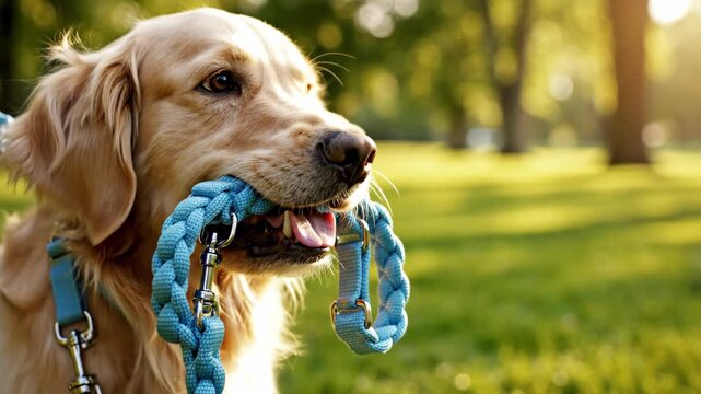 Golden retriever dog holding blue leash in its mouth in sunny park. Close-up portrait of happy pet canine ready for walk outdoors