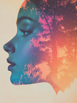 Surreal woman face concept art poster. Surreal nature with girl face. Surrealism fantastic dreaming collage art digital illustration. Digital artwork.