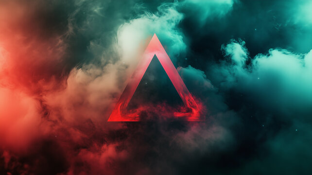 Red triangle in smoke - concept poster. A triangular red frame against a background of clouds - creative background. Digital photo illustration.