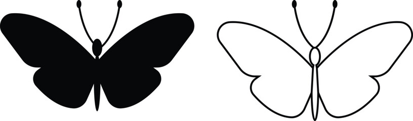 Butterfly icons set, insect collection, black silhouette and outline group, flat and line style vector illustration, flying moth design, decorative butterfly symbol graphic element.