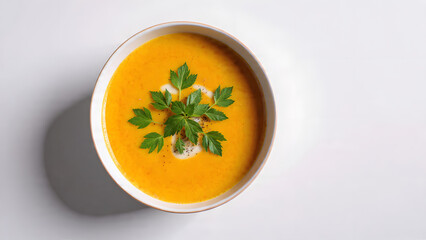 A bowl of smooth, creamy pumpkin soup topped with fresh parsley and a dash of cracked black pepper. Placed on a light-colored surface next to a slice of bread, the setup exudes warmth and an inviting,