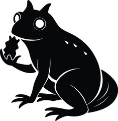 Obraz premium Black Silhouette Frog Eating Food, Horns, White Outline, Vector Art