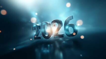 Three dimensional metallic numerals representing the year two thousand twenty six illuminated by bright light flares - Powered by Adobe