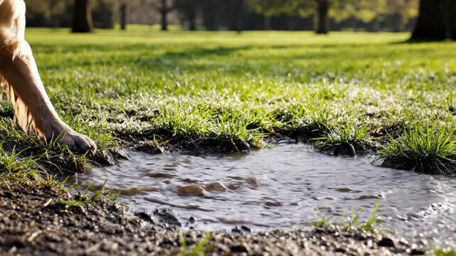 Close-up of dog's paws splashing in muddy puddle. Playful pet running and having fun outdoors in park. Active animal in motion on sunny day