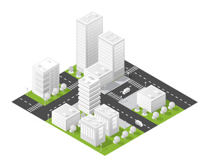 Isometric urban city plan with modern buildings, green areas, and street network on a white background