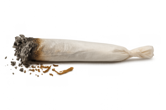 Partially smoked hand rolled item with ash and dry plant material, showing a brown and grey burnt tip