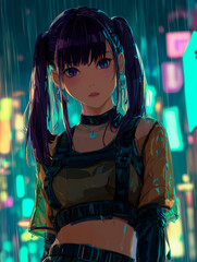 Cyberpunk girl with purple hair in rainy city, neon lights background, futuristic atmosphere, detailed anime style portrait.