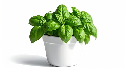 A Vibrant Green Basil Plant in a White Pot on a White Background