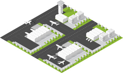 Isometric airport showing airplanes, terminal buildings, runways, and a control tower, representing travel and transport
