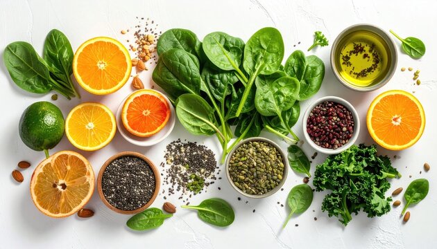 A vibrant overhead flat lay of fresh organic fruits vegetables and seeds arranged on a white textured background in natural daylight highlighting healthy eating and nutrition - Powered by Adobe