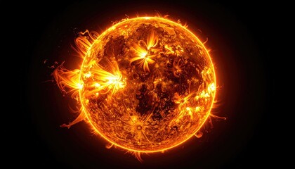 Fototapeta premium Fiery Sun With Intense Solar Flares And Plasma Eruptions Against A Dark Black Sky And Cosmic Background With Bright Orange Glow And Particles