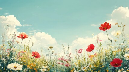 Fototapeta premium Spring meadow flowers vibrant sky background image