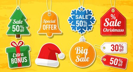Collection of festive sale tags and labels for christmas and holiday shopping promotions, featuring discounts and special offers