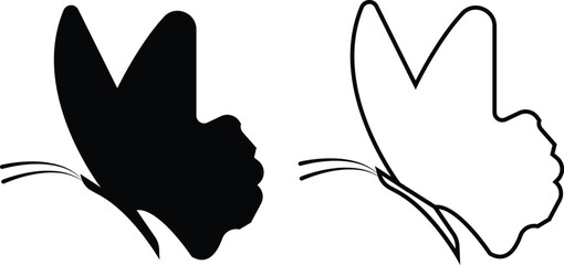 Butterfly icons set, insect collection, black silhouette and outline group, flat and line style vector illustration, flying moth design, decorative butterfly symbol graphic element.