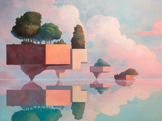 Floating islands with trees above water, surreal landscape painting with pastel clouds, artistic reflection and soft light.
